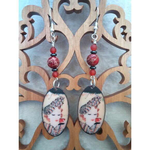Artisan Copper Oval Statement Earrings Sophisticated Lady Enamel Red Jasper Bead - Picture 7 of 9